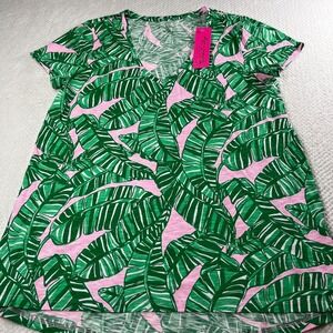 Lilly Pulitzer Women's Green Pink Let's Go Bananas‎ V-Neck Top Palm Leaf Print